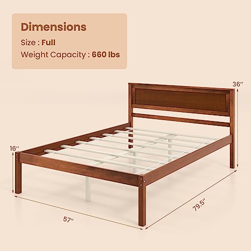 Giantex Wood Full Platform Bed with Headboard, Mid Century Solid Wood Bed Frame with Wood Slat Support, Wooden Mattress Foundation with 12" Under Bed Storage for Bedroom, Easy Assembly, Walnut