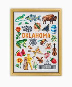 oklahoma collection cs1863 - counted cross stitch kit#2 prime. set of threads, needles, aida fabric, needle threader, embroidery clippers and printed color pattern inside.