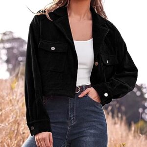 BTFBM Women's Corduroy Cropped Jacket 2023 Winter Fall Lapel Button Down Casual Short Shacket Jackets Coats with Pockets(Soldi Black, Large)