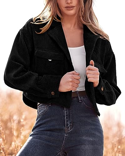 BTFBM Women's Corduroy Cropped Jacket 2023 Winter Fall Lapel Button Down Casual Short Shacket Jackets Coats with Pockets(Soldi Black, Large)