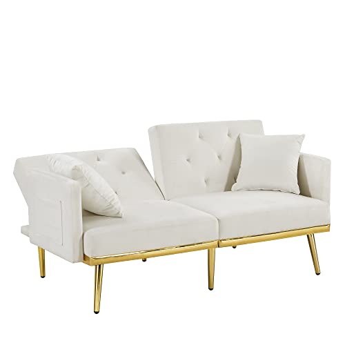 Eafurn 59" Button Tufted Loveseat Couch,Velvet Upholstered Convertible Futon Sofa Bed with 6 Golden Metal Legs, Modern 2 Seat Sleeper Sofa & Couch for Small Spaces,Living Room, Bedroom, Home Office,