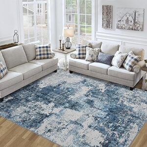 area rug 9x12 living room: large washable rug with anti-slip backing non-shedding stain-resistant soft abstract carpet for bedroom dining room nursery home office (blue)