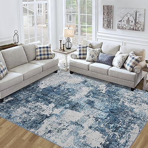 Area Rug 9x12 Living Room: Large Washable Rug with Anti-Slip Backing Non-Shedding Stain-Resistant Soft Abstract Carpet for Bedroom Dining Room Nursery Home Office (Blue)