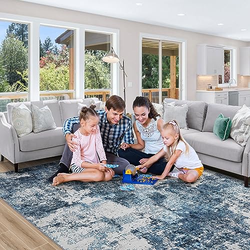 Area Rug 9x12 Living Room: Large Washable Rug with Anti-Slip Backing Non-Shedding Stain-Resistant Soft Abstract Carpet for Bedroom Dining Room Nursery Home Office (Blue)