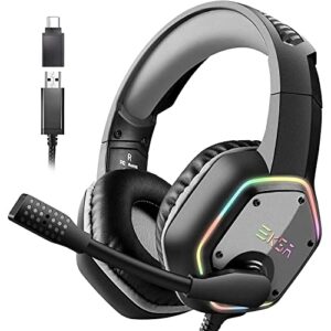 eksa usb headset for computer, laptop, pc - headphones with noise cancelling microphone/mic, 7.1 surround sound, rgb light, wired headset for skype, zoom, call center, meetings, webinar, home