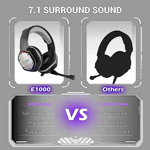 EKSA USB Headset for Computer, Laptop, PC - Headphones with Noise Cancelling Microphone/Mic, 7.1 Surround Sound, RGB Light, Wired Headset for Skype, Zoom, Call Center, Meetings, Webinar, Home