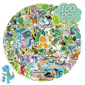 adeela 100pcs cute dinosaur stickers | waterproof vsco stickers | great on waterbottles - tablets - laptops - pcs - phones - luggage | assorted sticker packs for kids teens adults
