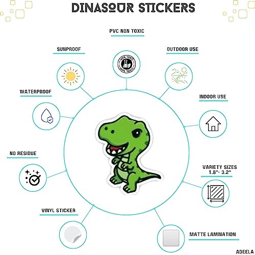 Adeela 100pcs Cute Dinosaur Stickers | Waterproof VSCO Stickers | Great on Waterbottles - Tablets - Laptops - PCS - Phones - Luggage | Assorted Sticker Packs for Kids Teens Adults