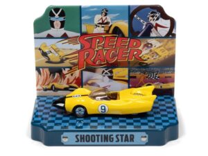 racer x shooting star #9 yellow with collectible tin display speed racer 1/64 diecast model car by johnny lightning jldr015-jlsp121
