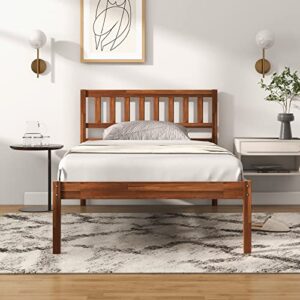 giantex wood twin bed frame with headboard, mid century platform bed with wood slat support, solid wood foundation, 12 inch height for under bed storage, easy assemble, walnut