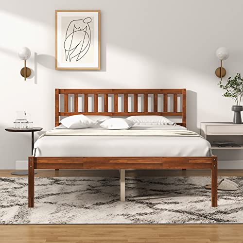 Giantex Wood Full Bed Frame with Headboard, Mid Century Platform Bed with Wood Slat Support, Solid Wood Foundation, 12 Inch Height for Under Bed Storage, Easy Assemble, Walnut