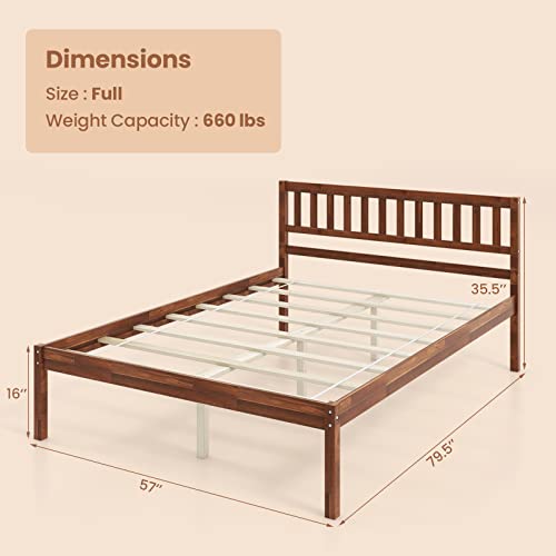 Giantex Wood Full Bed Frame with Headboard, Mid Century Platform Bed with Wood Slat Support, Solid Wood Foundation, 12 Inch Height for Under Bed Storage, Easy Assemble, Walnut