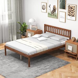 Giantex Wood Full Bed Frame with Headboard, Mid Century Platform Bed with Wood Slat Support, Solid Wood Foundation, 12 Inch Height for Under Bed Storage, Easy Assemble, Walnut