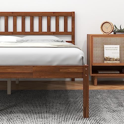 Giantex Wood Full Bed Frame with Headboard, Mid Century Platform Bed with Wood Slat Support, Solid Wood Foundation, 12 Inch Height for Under Bed Storage, Easy Assemble, Walnut