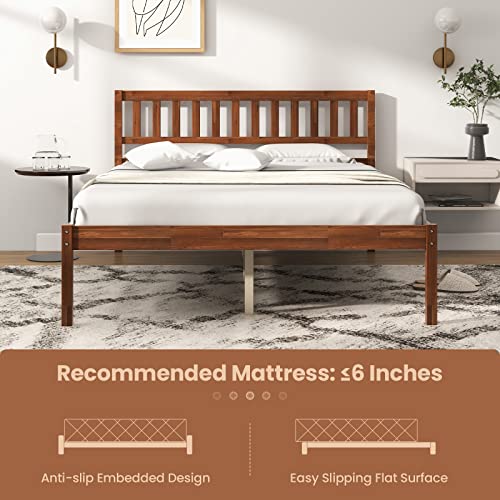 Giantex Wood Full Bed Frame with Headboard, Mid Century Platform Bed with Wood Slat Support, Solid Wood Foundation, 12 Inch Height for Under Bed Storage, Easy Assemble, Walnut