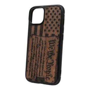 gr8case | iphone 14 case | iphone wood case | hand crafted | cherry wood phone case | black stained cherry | constitution | we the people on american flag | handmade phone case