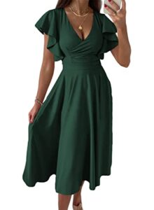 dokotoo women's fall short sleeve casual dresses v-neck floral party dress green l