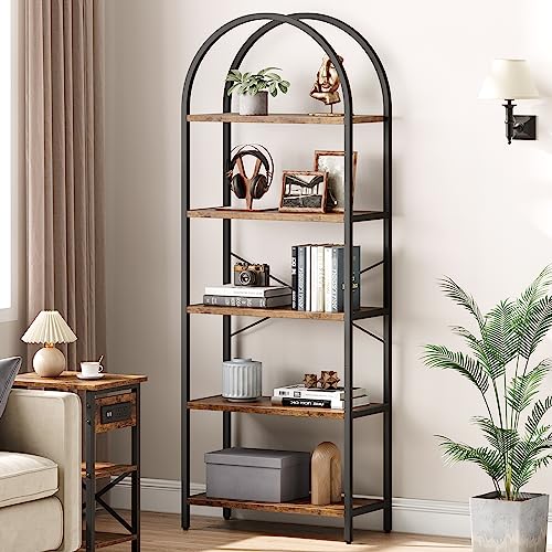 IDEALHOUSE Bookshelf 5 Tier Bookcase Arched Display Racks Tall Standing Bookshelves Metal Frame Rustic Storage Rack Shelf Brown Book Shelf for Bedroom, Living Room, Home Office, Rustic Brown