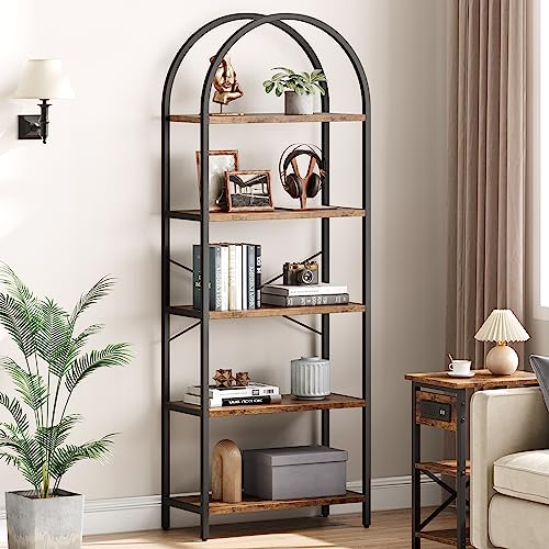 IDEALHOUSE Bookshelf 5 Tier Bookcase Arched Display Racks Tall Standing Bookshelves Metal Frame Rustic Storage Rack Shelf Brown Book Shelf for Bedroom, Living Room, Home Office, Rustic Brown