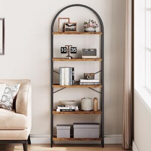 IDEALHOUSE Bookshelf 5 Tier Bookcase Arched Display Racks Tall Standing Bookshelves Metal Frame Rustic Storage Rack Shelf Brown Book Shelf for Bedroom, Living Room, Home Office, Rustic Brown