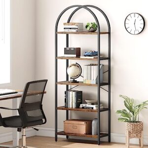 IDEALHOUSE Bookshelf 5 Tier Bookcase Arched Display Racks Tall Standing Bookshelves Metal Frame Rustic Storage Rack Shelf Brown Book Shelf for Bedroom, Living Room, Home Office, Rustic Brown