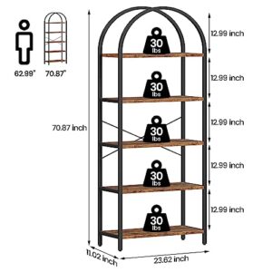 IDEALHOUSE Bookshelf 5 Tier Bookcase Arched Display Racks Tall Standing Bookshelves Metal Frame Rustic Storage Rack Shelf Brown Book Shelf for Bedroom, Living Room, Home Office, Rustic Brown