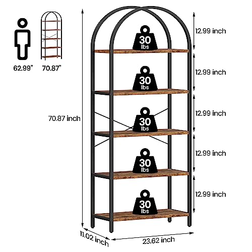 IDEALHOUSE Bookshelf 5 Tier Bookcase Arched Display Racks Tall Standing Bookshelves Metal Frame Rustic Storage Rack Shelf Brown Book Shelf for Bedroom, Living Room, Home Office, Rustic Brown