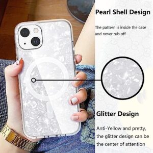 Tksafy for iPhone 13 Case/iPhone 14 Case for MagSafe, Cute Glitter Pearl Design for Women and Girls, Anti-Yellow Hard PC Protective Luxury Shockproof Bumper Phone Case for iPhone 13/14, White