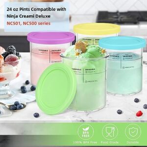 VanlonPro 24oz Ice Cream Pints Containers 4 Pack, Replacement for NC500 Series Ninja Creami Deluxe Ice Cream Makers, Reusable, BPA-Free, Dishwasher Safe, Airtight, Leaf-Proof (with 2 replaceable Lids)