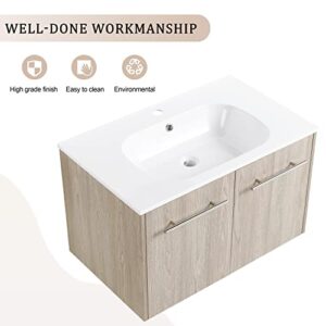 Yoluckea 30" Wall Mounted Bathroom Vanity with Sink, Modern Floating Bathroom Vanity Sink Combo Plywood Hanging Bath Cabinet with White Wash Gel Basin and 2 Soft Close Doors