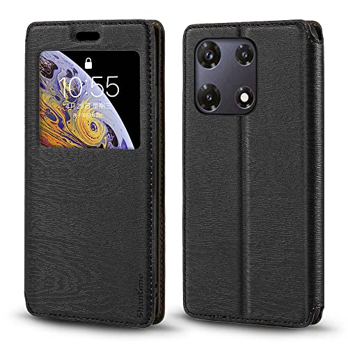 Shantime for Infinix Note 30 Pro 4G Case, Wood Grain Leather Case with Card Holder and Window, Magnetic Flip Cover for Infinix Note 30 Pro 4G (6.78”) Black