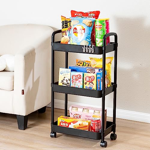 Gagee 3 Tier Rolling Cart with Wheels and Handle,Rolling Storage Cart for Office, Living Room, Laundry Room,Kitchen,Bathroom,Black