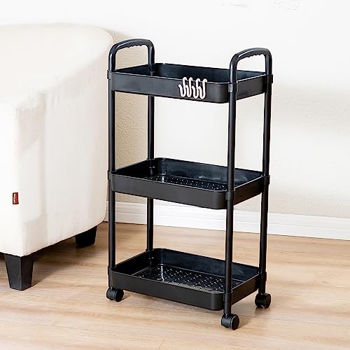 Gagee 3 Tier Rolling Cart with Wheels and Handle,Rolling Storage Cart for Office, Living Room, Laundry Room,Kitchen,Bathroom,Black