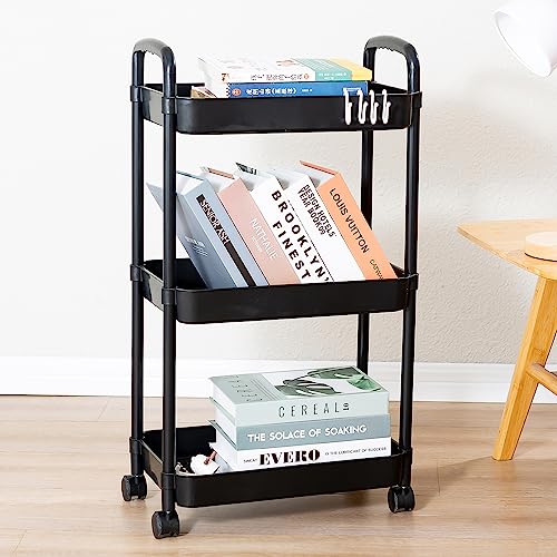 Gagee 3 Tier Rolling Cart with Wheels and Handle,Rolling Storage Cart for Office, Living Room, Laundry Room,Kitchen,Bathroom,Black