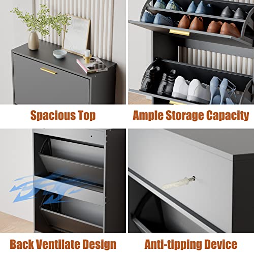 JOZZBY Shoe Cabinet for Entryway, Black Slim Shoe Cabinet with 2 Flip Drawers Narrow Shoe Storage Cabinet 2 Tier Freestanding Shoe Organizer for Entryway, Hallway, Living Room