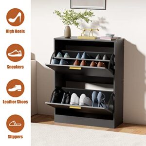 JOZZBY Shoe Cabinet for Entryway, Black Slim Shoe Cabinet with 2 Flip Drawers Narrow Shoe Storage Cabinet 2 Tier Freestanding Shoe Organizer for Entryway, Hallway, Living Room