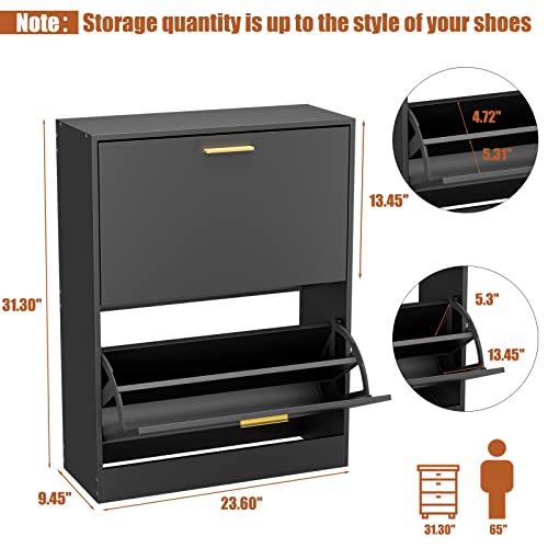 JOZZBY Shoe Cabinet for Entryway, Black Slim Shoe Cabinet with 2 Flip Drawers Narrow Shoe Storage Cabinet 2 Tier Freestanding Shoe Organizer for Entryway, Hallway, Living Room