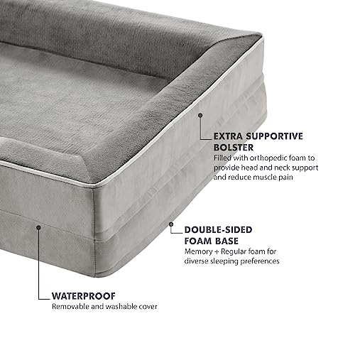 Codi Orthopedic Dog Beds with Memory Foam Layer for Large Dogs, Waterproof Dog Couch Bed with Removable Cover, Pet Bed Sofa Machine Washable, Grey