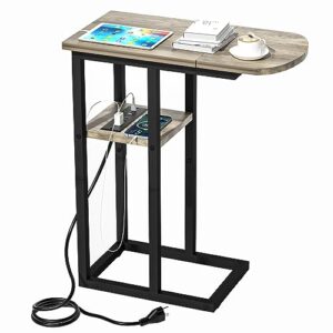 eiskah c shaped end table with charging station, side table for living room & bedroom, slide under couch laptop table with usb ports and outlets, snack tray table for couch & bed