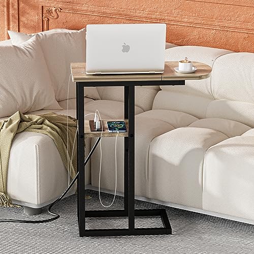 eiskah C Shaped End Table with Charging Station, Side Table for Living Room & Bedroom, Slide Under Couch Laptop Table with USB Ports and Outlets, Snack Tray Table for Couch & Bed