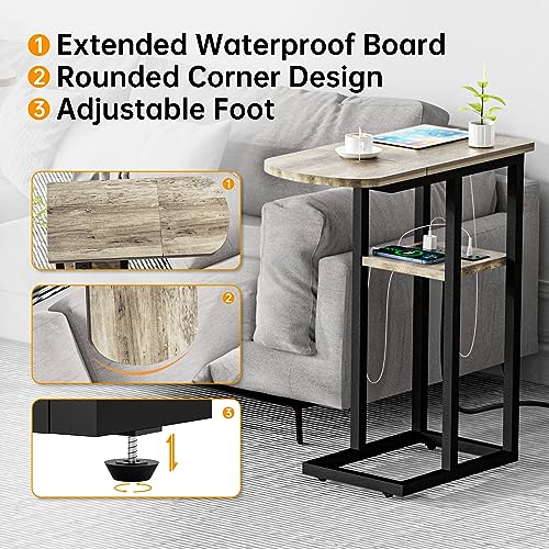 eiskah C Shaped End Table with Charging Station, Side Table for Living Room & Bedroom, Slide Under Couch Laptop Table with USB Ports and Outlets, Snack Tray Table for Couch & Bed