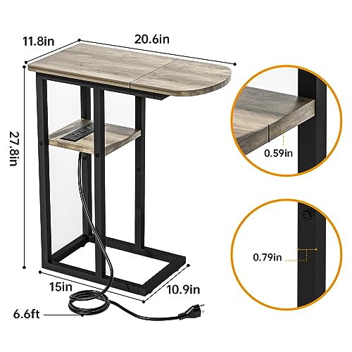 eiskah C Shaped End Table with Charging Station, Side Table for Living Room & Bedroom, Slide Under Couch Laptop Table with USB Ports and Outlets, Snack Tray Table for Couch & Bed