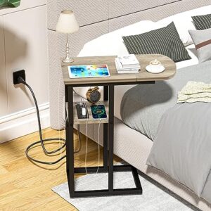 eiskah C Shaped End Table with Charging Station, Side Table for Living Room & Bedroom, Slide Under Couch Laptop Table with USB Ports and Outlets, Snack Tray Table for Couch & Bed