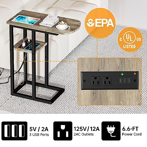 eiskah C Shaped End Table with Charging Station, Side Table for Living Room & Bedroom, Slide Under Couch Laptop Table with USB Ports and Outlets, Snack Tray Table for Couch & Bed