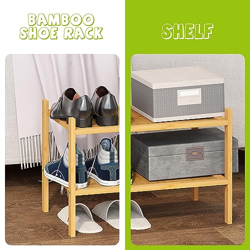 BMOSU 2-Tier Bamboo Small Shoe Rack For Entryway Free Standing Shoe Racks Premium Stackable Shoe shelf Storage Organizer For Hallway Closet Living Room