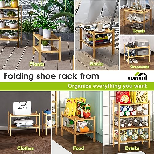 BMOSU 2-Tier Bamboo Small Shoe Rack For Entryway Free Standing Shoe Racks Premium Stackable Shoe shelf Storage Organizer For Hallway Closet Living Room