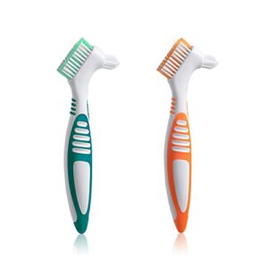 octuitey denture brush 2pcs denture toothbrushes，denture cleaning care cleaning brush ，double sided toothbrush，multi-layered bristles and rubber anti-slip handle (green and orange)