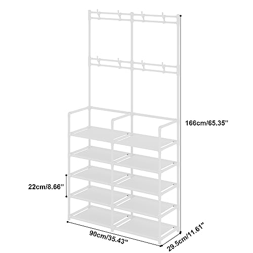 UDEAR 5-Tier Coat and Shoe Rack, Entryway Coat rack with 9 Hooks, Double Row Shoes Organizer for Living Room, Bedroom, Office,White