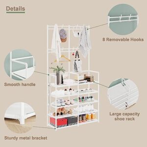 UDEAR 5-Tier Coat and Shoe Rack, Entryway Coat rack with 9 Hooks, Double Row Shoes Organizer for Living Room, Bedroom, Office,White