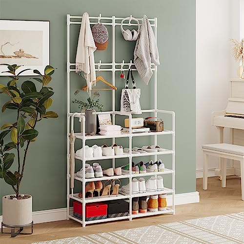 UDEAR 5-Tier Coat and Shoe Rack, Entryway Coat rack with 9 Hooks, Double Row Shoes Organizer for Living Room, Bedroom, Office,White